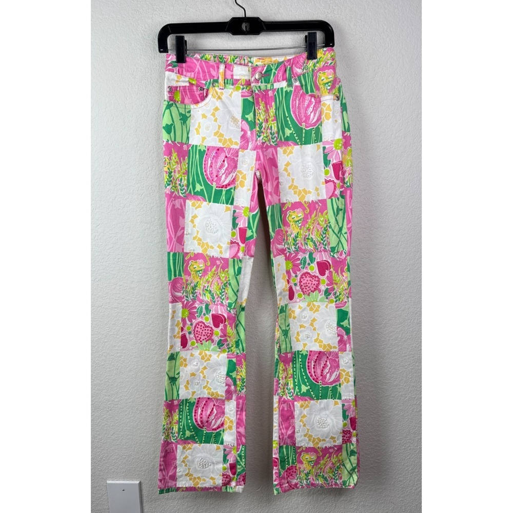Lilly Pulitzer Pants Women's 2 Patchwork Floral Stretch Beaded Beach Boho Hippie